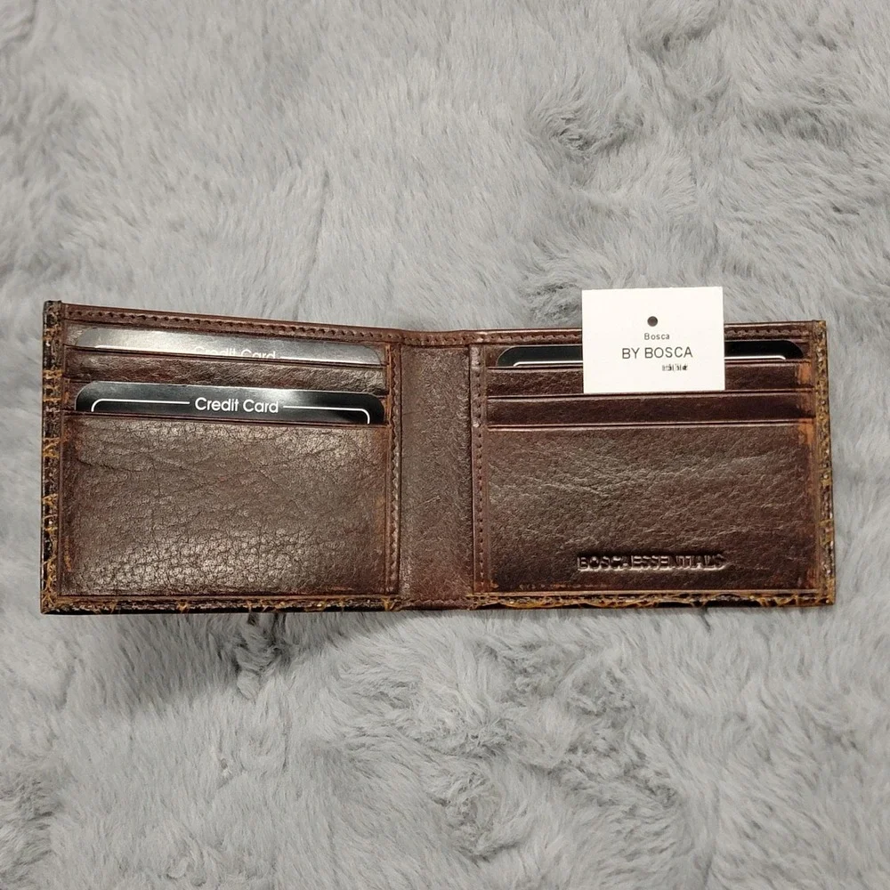 Bosca Wallet Mens Brown Leather Bifold Croc Embossed Credit Card Essentials